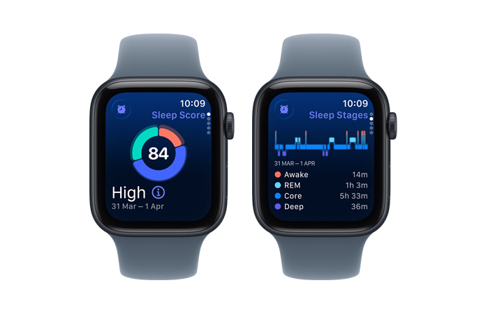 Apple Watch SE 3, sleep score, circle graph and score number, sleep stages analyses awake, REM, core and deep sleep stages