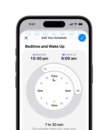 iPhone, Health app open to sleep schedule, bedtime set to 22:30, wake up set to 7:00, radial time dial in centre screen, 8 hr 30 min sleep goal met