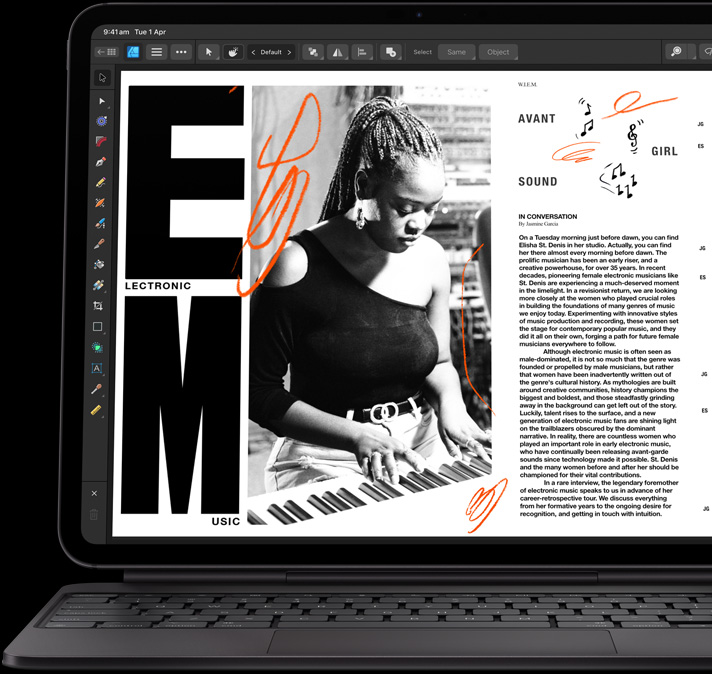 iPad Pro, front exterior, landscape orientation, space black colour, attached to Magic Keyboard, open, front exterior, landscape orientation, black colour, iPad Pro display showing an article being edited