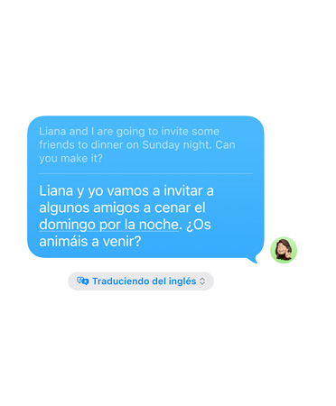 Live Translation in Messages feature in use showing translation from English to Spanish