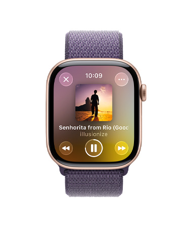 Apple Watch Series 11, cor de ouro rosa, caixa de alumínio, Apple Music, sugestões de músicas e podcasts, lateral direita, Digital Crown, pulseira loop esportiva roxo-névoa