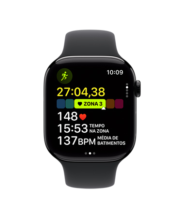 Apple Watch Series 11 com com caixa preta brilhante de alumínio, treino Corrida ao Ar Livre na tela, alerta de Qualidade do Sono, Digital Crown no lado direito, pulseira esportiva preta