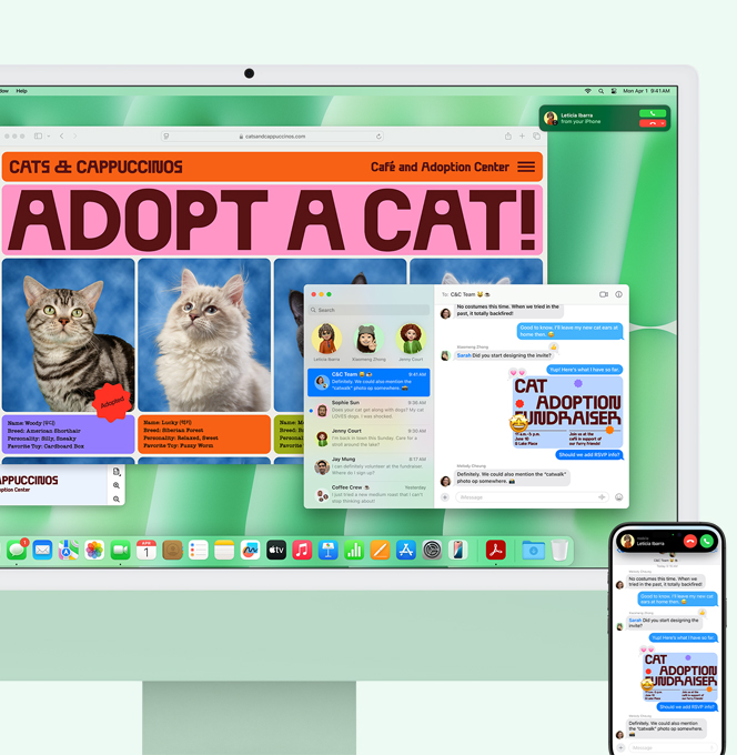 Um iMac verde e um iPhone lado a lado. A tela do iMac mostra uma notificação de uma chamada recebida no iPhone. Os dois aparelhos mostram o app Mensagens com conversas de texto idênticas