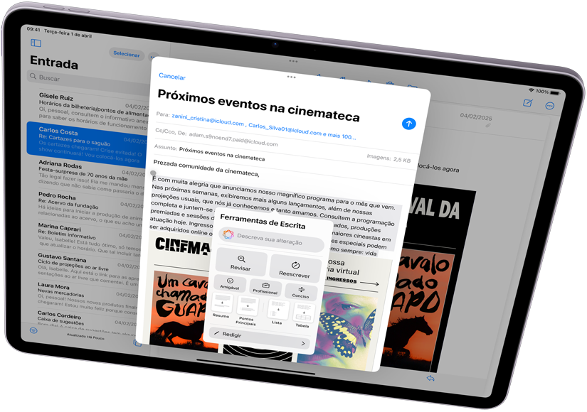 Imagem de um iPad Air na horizontal mostrando a Apple Intelligence com as Ferramentas de Escrita no app Mail.