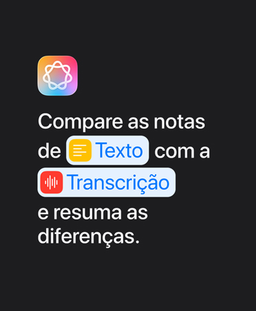 Ícone da Apple Intelligence e o texto 'Compare notas no Texto e na Transcrição e resuma as diferenças'