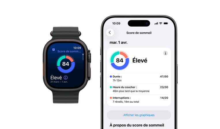 Apple Watch Ultra 3, boîtier en titane, noir, graphique circulaire et résultat du score de sommeil, côté gauche, bouton Action, côté droit, Digital Crown, bouton latéral, bracelet Océan, noir, analyse complète du sommeil ouverte sur un iPhone jumelé