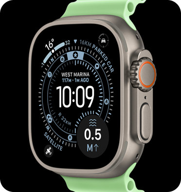 Apple Watch Ultra 3 with a silver titanium case and Green Loop band.