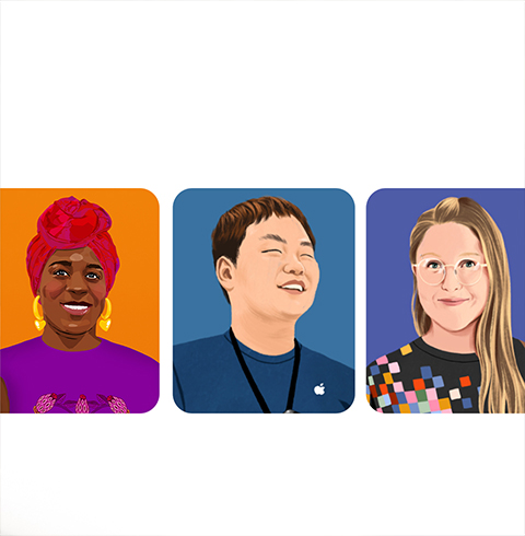 Três retratos de funcionários da Apple.