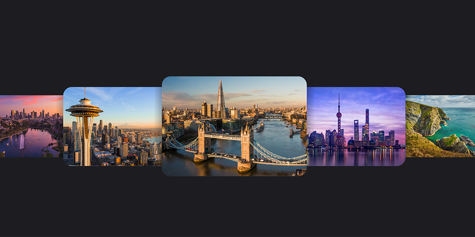 Aerial shots of Seattle, London and Shanghai.