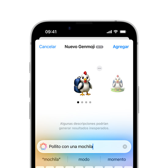 Pantalla de un iPhone 16e que muestra la creación de un Genmoji.