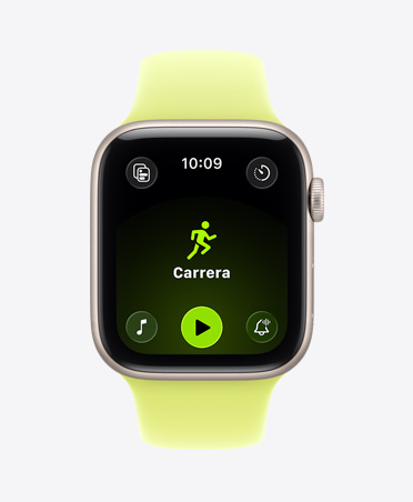 Apple Watch SE 3, caja de aluminio, blanco estelar, entrenamiento Carrera al Aire Libre abierto, controles de reproducción de Apple Music en la parte inferior de la pantalla, correa deportiva, amarillo neón
