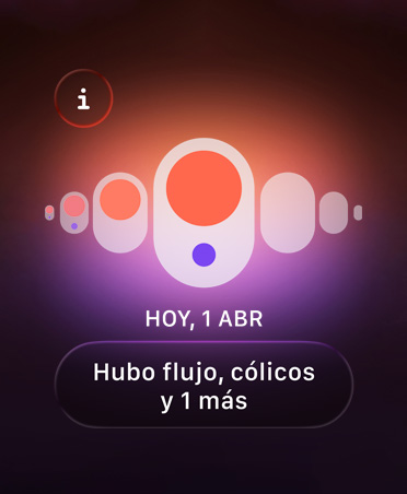 Control del Ciclo en la app Salud, puntos naranja y morados resaltan distintos síntomas menstruales