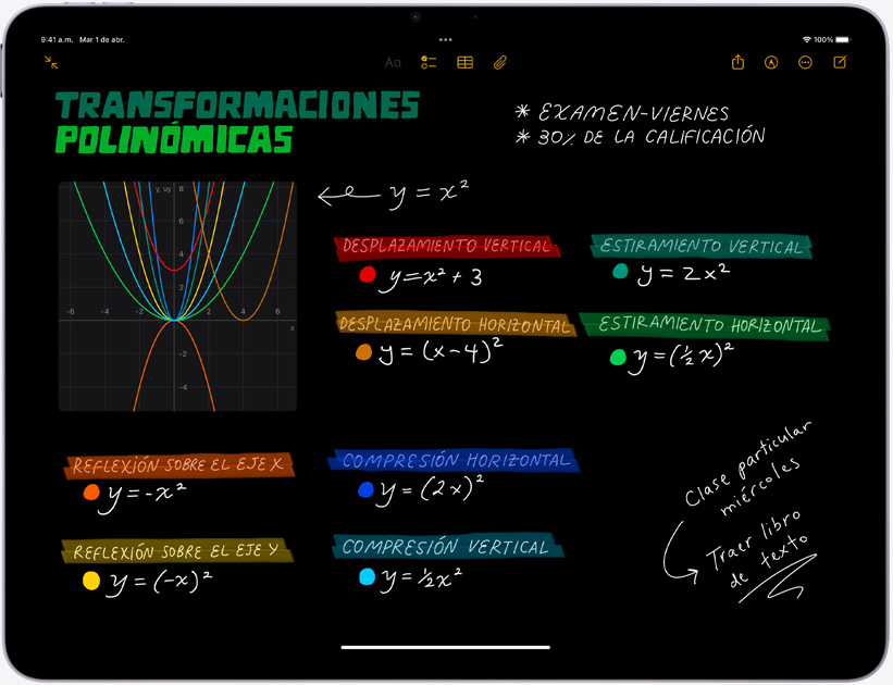 iPad Air, posición horizontal, muestra Notas Matemáticas