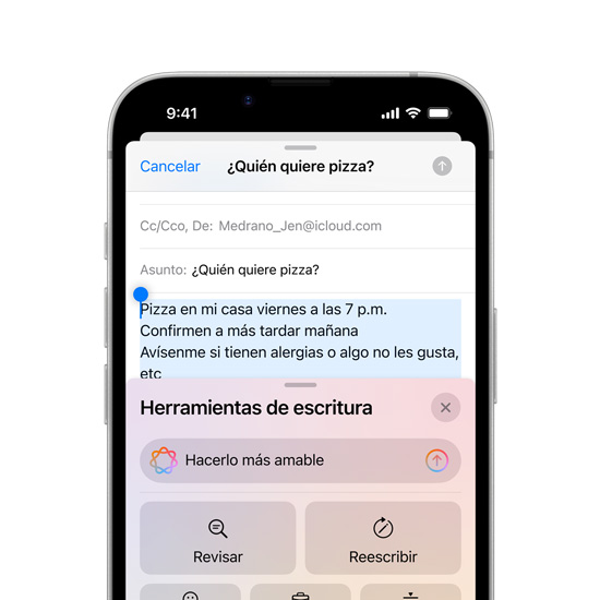 Vista parcial de la pantalla de un iPhone 16e que muestra las Herramientas de Escritura de Apple Intelligence.