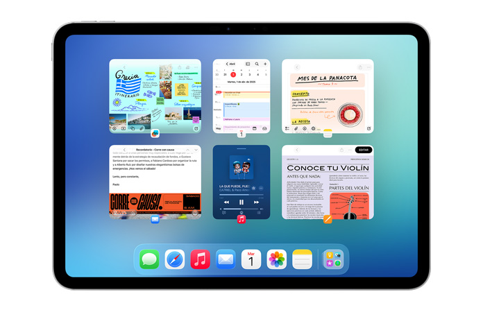 Un iPad, posición horizontal, la pantalla muestra seis ventanas abiertas en dos filas, incluidas las apps Calendario, Notas, Apple Music y Safari