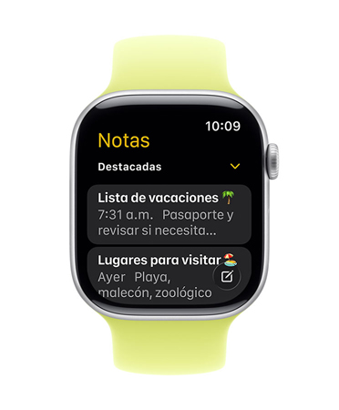 Apple Watch Series 11 en cuya pantalla se ve la app Notas con dos notas destacadas