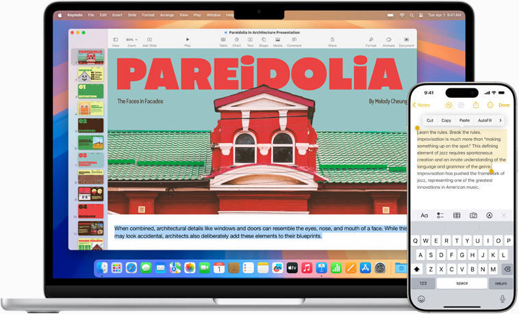 Na ukázku aplikace Zrcadlení iPhonu je displej iPhonu zobrazený na obrazovce MacBooku Air