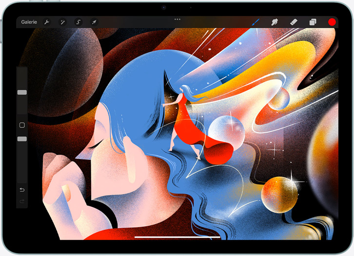Ein iPad Air im Querformat, der Bildschirm zeigt eine Illustration in der Procreate App