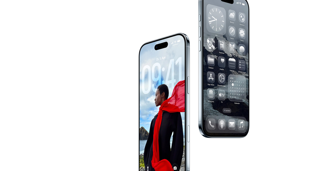 Zwei iPhone Air Geräte, Vorderseite, Seite, dünnes Profil, dynamischer Sperrbildschirm, Homescreen mit Liquid Glass Apps