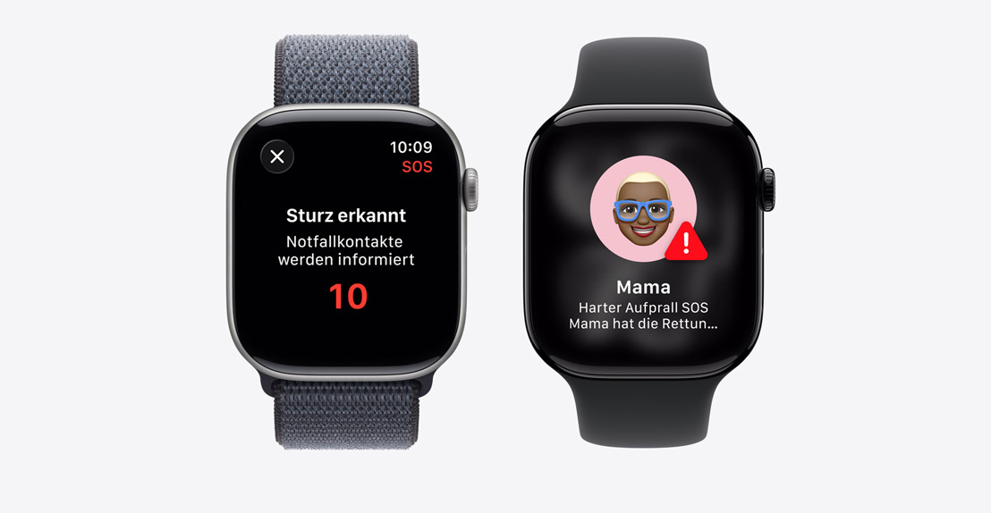 Apple Watch Series 11, Mitteilung der Unfallerkennung, Taste für Notruf, eine zweite Mitteilung wird angezeigt, dass Mama schwer gestürzt ist und den Notdienst gerufen hat