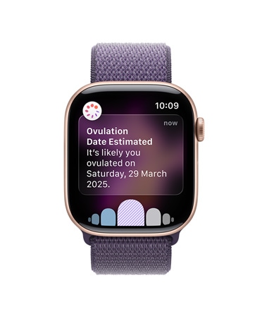 Apple Watch Series 11, natural color, aluminum case, ovulation date estimation notification from Cycle Tracking in Health app, Digital Crown, band, Magnetic Link, navy color