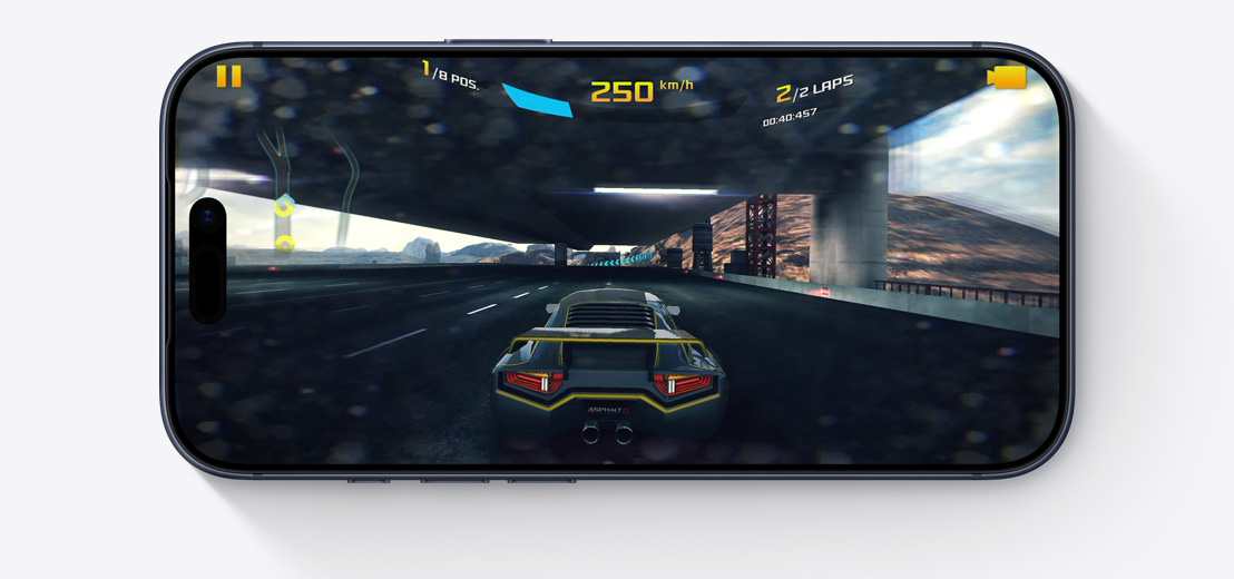 iPhone front exterior, horizontal, screen showing video game being played