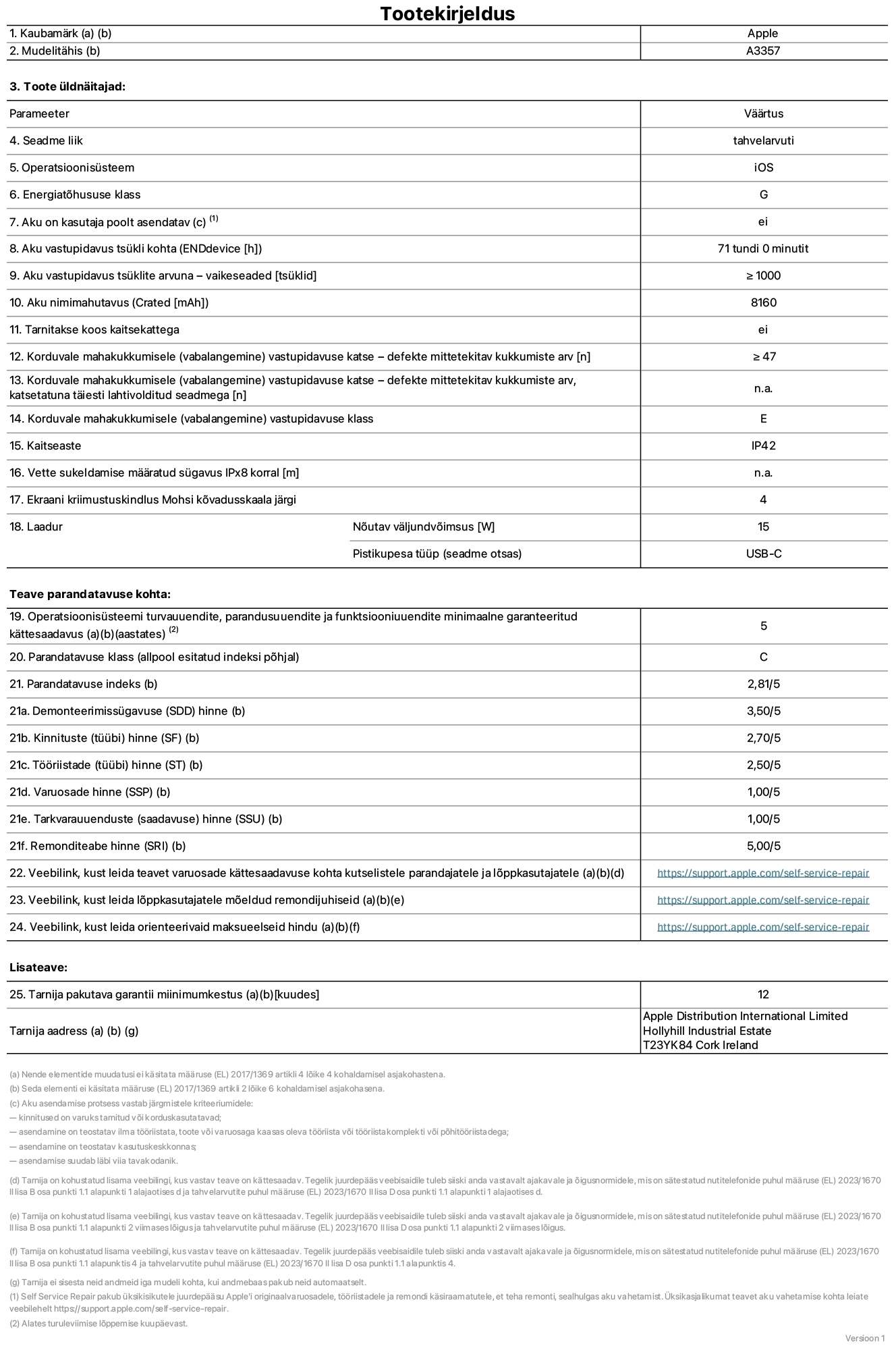 11-tollise iPad Pro M5 WiFi, mudeli A3357 toote infoleht. Tarnija on Apple Distribution International Limited, Hollyhill Industrial Estate. Cork, Ireland T23 YK84. Seadme tüüp: tahvelarvuti. Operatsioonisüsteem: iOS. Energiatõhususklass: G. Aku vahetatav kasutajale: ei. Aku vastupidavus tsükli kohta: 71 tundi. Aku kestvustsüklid – vaikesätted: suurem või võrdne 1000-ga. Akumaht: 8160 mAh. Tarnitakse kaitsekattega: ei. Korduv vabalangemise usaldusväärsustest – kukub ilma defektita: ≥ 47. Korduv vabalangemise usaldusväärsustest – kukub ilma defektita täielikult väljaulatatuna: pole kohaldatav. Korduv vabalangemise usaldusväärsusklass: E. Tolmu- ja veekindluse kaitse hinnang: IP42. Määratud iPx8 sukeldumissügavus: pole kohaldatav. Ekraani kriimustuskindlus Mohsi kõvaduse skaalal: 4. Laadija nõutav väljundvõimsus: 15 W. Laadija tüüp (seadmel): USB-C. Opsüsteemi turva-, korrektiiv- ja funktsionaalsusvärskenduste minimaalne tagatud saadavus: 5 aastat. Parandatavusklass: C. Parandatavusindeks: 2,81/5. Lahtivõtmise sügavuse (SDD) hinne: 3,50/5. Kinnitusdetailide hinne: 2,70/5. Tööriistade hinne: 2,50/5. Varuosade hinne: 1,00/5. Tarkvaravärskenduste hinne: 1,00/5. Parandusteabe hinne: 5,00/5. Teave varuosade kättesaadavuse kohta professionaalsetele parandajatele ja lõppkasutajatele: https://support.apple.com/self-service-repair. Parandusjuhised lõppkasutajatele: https://support.apple.com/self-service-repair. Soovituslikud maksueelsed hinnad: https://support.apple.com/self-service-repair. 12-kuune üldgarantii.