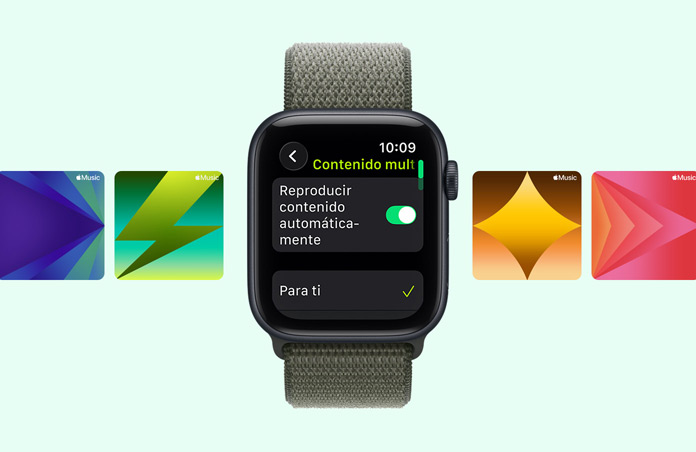 Apple Watch SE 3, caja de aluminio, color medianoche, sugerencias de una playlist de Apple Music, correa Loop deportiva, color verde bosque
