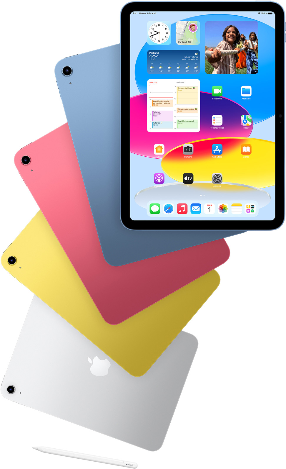 Vista frontal que muestra la pantalla de inicio de un iPad y la parte trasera de unos iPad azul, rosa, amarillo y plata. Se muestra un Apple Pencil debajo de los dispositivos iPad.