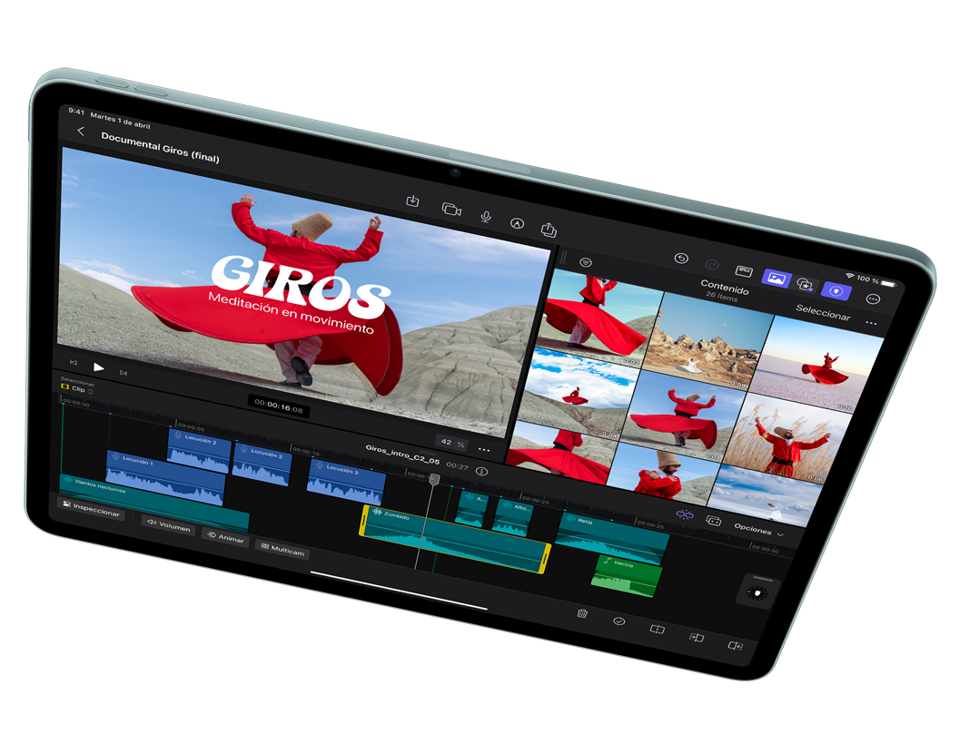 iPad Air en horizontal que muestra la edición de un vídeo en Final Cut Pro