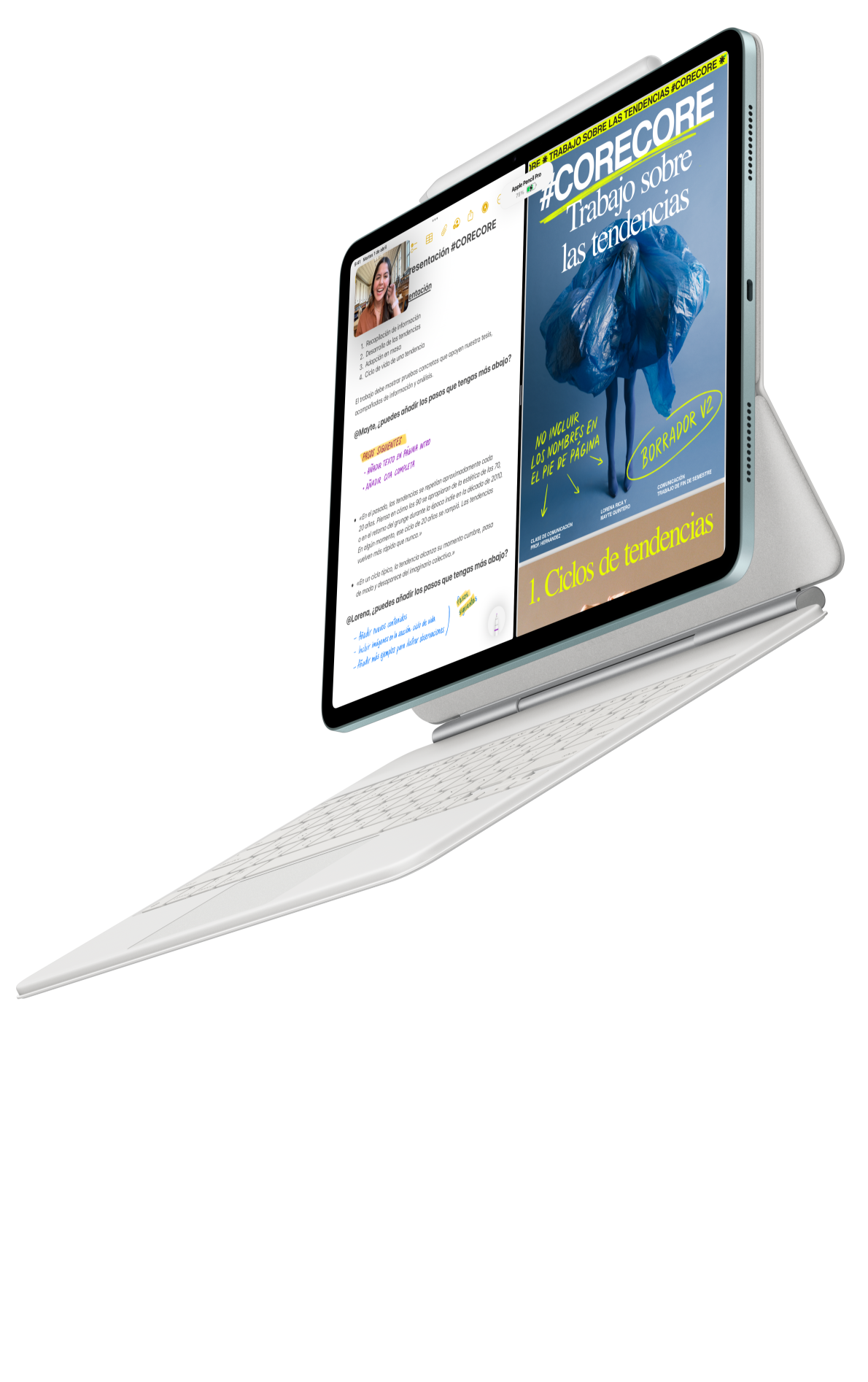 iPad Air conectado a un Magic Keyboard con un Apple Pencil Pro acoplado