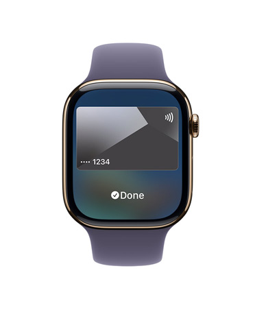 Apple Watch Series 11, värinä kulta, titaanikuori, Apple Pay, näkymä oikeasta sivusta, Digital Crown, usvanvioletti urheiluranneke