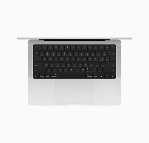 MacBook, sølvfarvet, åben, vist ovenfra