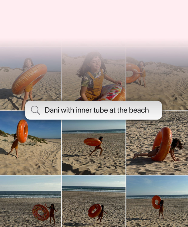 Demonstration af funktion: Søgning med dagligdagssprog i fotos. Resultater af søgning i Fotos-appen baseret på søgeteksten "Katie med klistermærker i ansigtet"