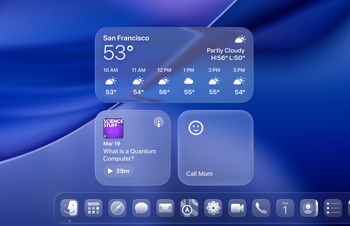 Écran macOS Tahoe affichant les widgets Météo, Podcasts et Rappels en Liquid Glass