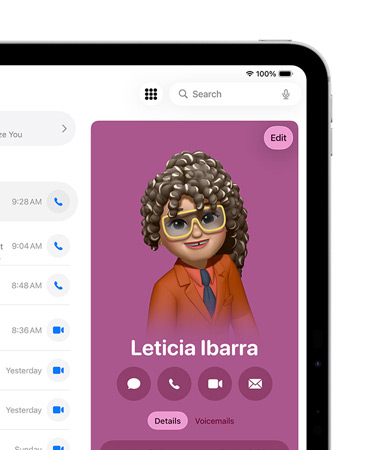 Høyre side av skjermen på en iPad viser et kontaktkort i Telefon-appen, med valg som Melding, Ring og mer.