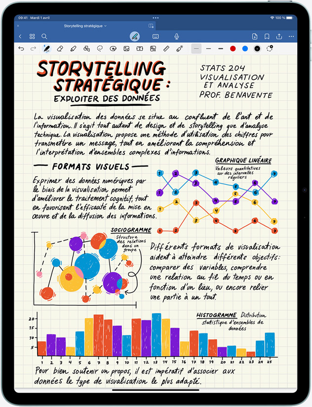 iPad Air en mode portrait, notes et images à l’écran