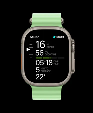 Apple Watch Ultra 3, natural color, titanium case, Oceanic+ dive metrics: depth, deco time, dive time, minutes to surface, water temperature, Ocean Band, neon green color