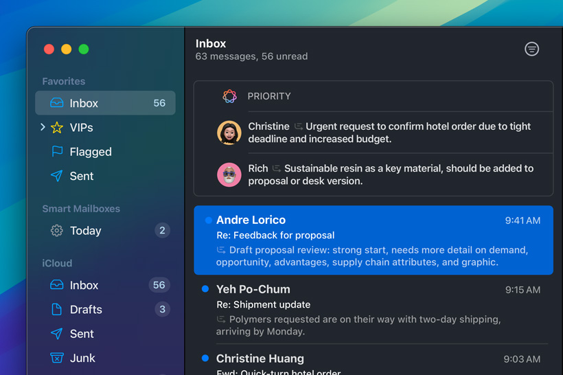 Apple intelligence 顯示郵件 app 的優先訊息功能