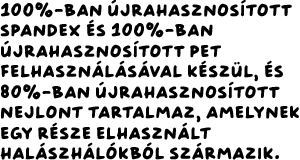 100%-ban újrahasznosított spandex és 100%-ban újrahasznosított PET felhasználásával készül, és 85%-ban újrahasznosított nejlont tartalmaz, amelynek egy része elhasznált halászhálókból származik.