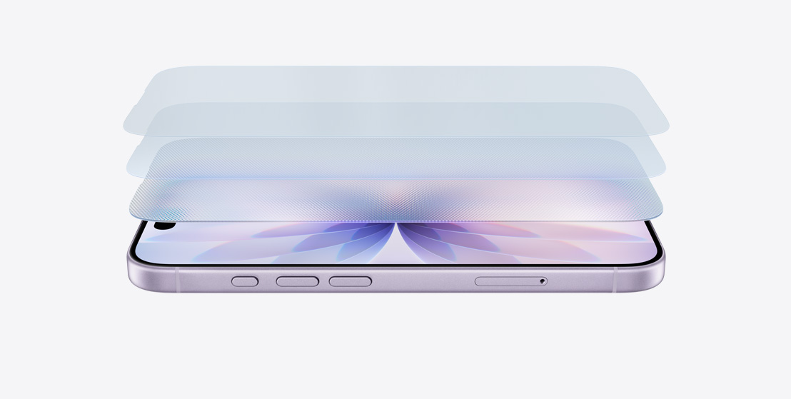 iPhone 17 warna Lavender ditampilkan horizontal dari samping, dengan desain berlapis menampilkan Ceramic Shield 2