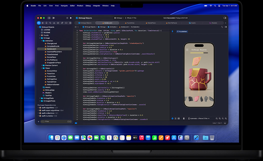 Layar MacBook Pro memperlihatkan aplikasi yang sedang dibuat kode pemrogramannya di Xcode