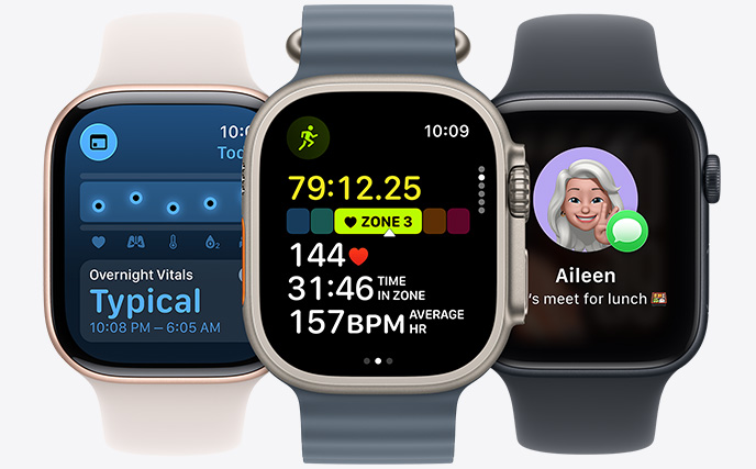 Tiga model Apple Watch, jam di tengah berwarna Natural, wajah jam menampilkan olahraga berlari yang sedang berlangsung dengan statistik detak jantung, jam di kanan berwarna Hitam Legam, wajah jam menampilkan Genmoji, jam di kiri berwarna Emas Rose, wajah jam menampilkan Tanda Vital