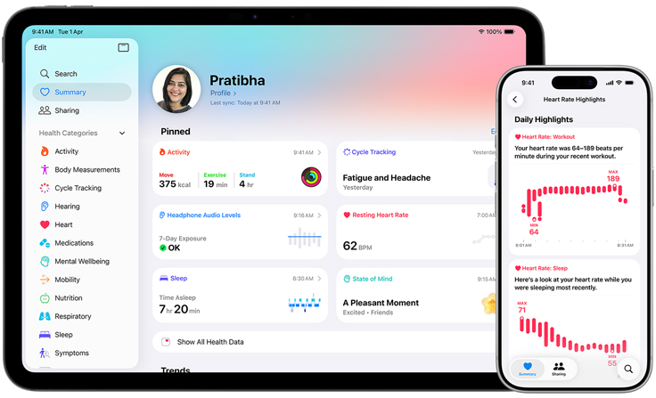 Health app with summary of health information including activity, cycle tracking, headphone audio levels, resting heart rate, sleep, and state of mind