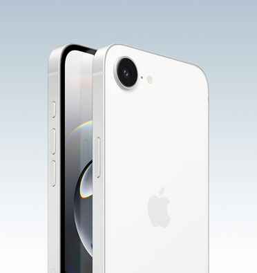 iPhone 16e in White finish, partial-screen display and side angle shows — Action, volume and side button. Back exterior shows 2-in-1 camera system in top-left corner.