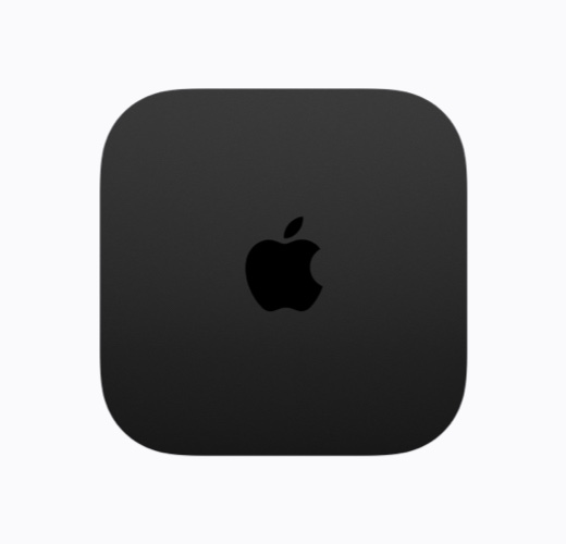 Apple TV 4Kの上から見た外観、カラーはブラック、光沢のあるブラックのApple TVのロゴ