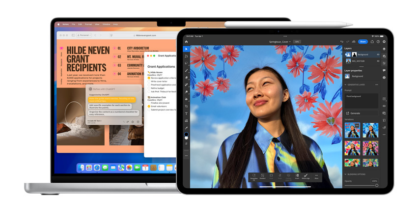 AI가 통합된 앱이 표시된 MacBook 및 iPad