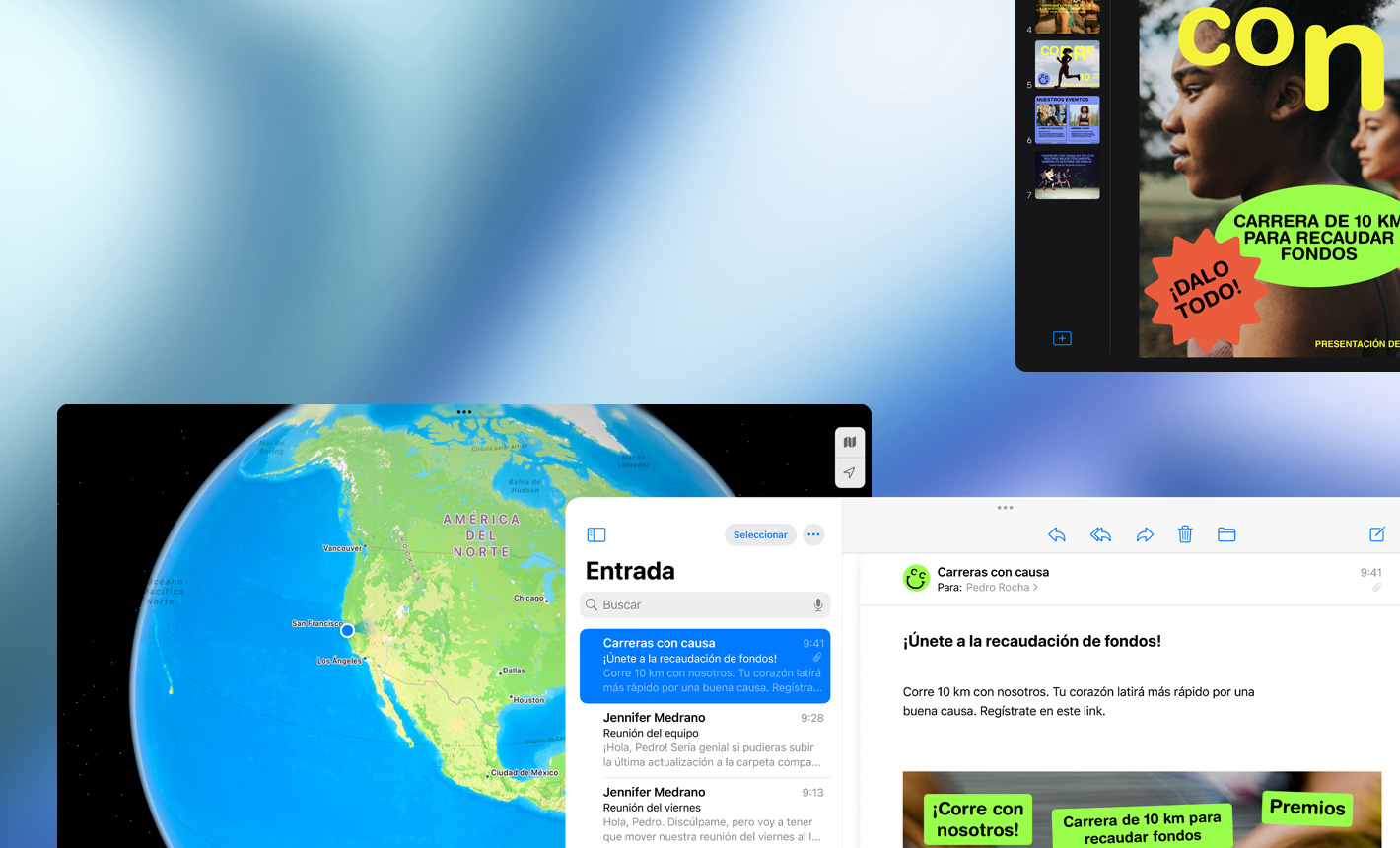 Varias pantallas en posición horizontal que muestran diferentes apps