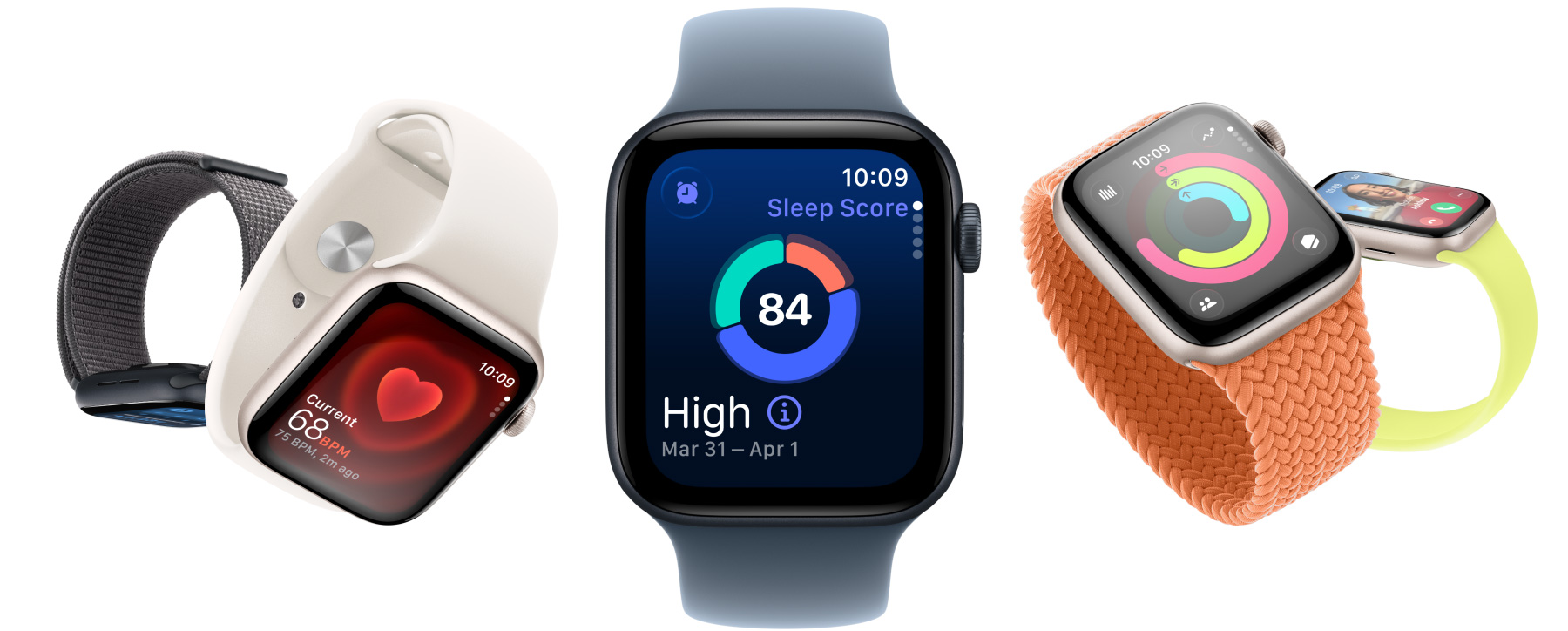 Apple Watch SE 3 devices, aluminum cases, starlight and midnight colors, screens: Vitals app, Heart Rate app, Sleep Score, Activity rings, incoming call