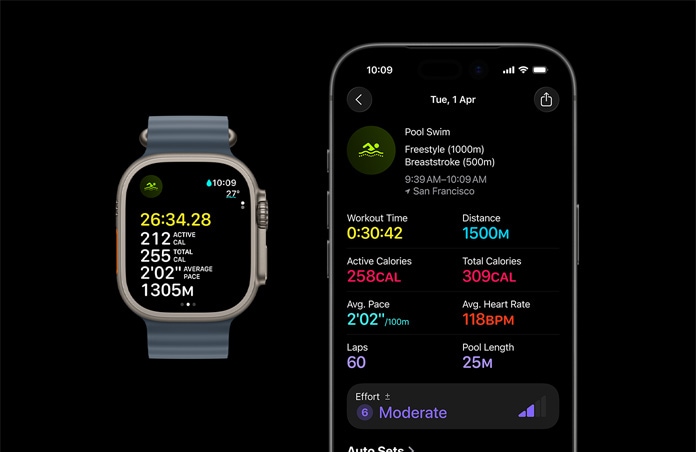 „Apple Watch Ultra 3“, natūralios spalvos, titano korpusas, „Ocean“ dirželis, plieno mėlynos spalvos, aktyvi plaukimo treniruotė, didesnė treniruotės rodiklių išklotinė „iPhone“